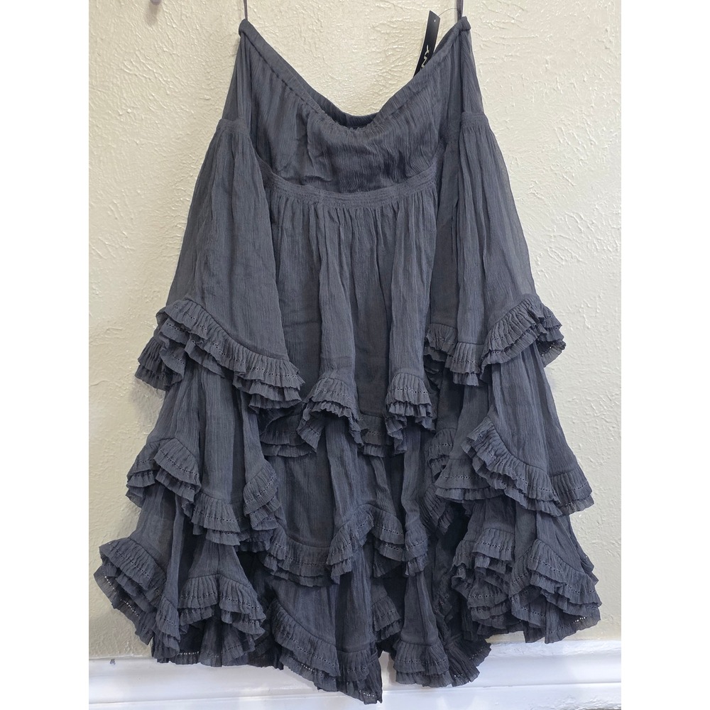 DKNY Dark Grey 100% Silk Tiered Ruffle Midi Skirt Smocked Like New Sz 2 western